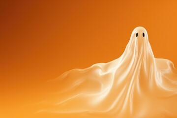 Creepy white ghost sheet costume isolated on bright orange background. Spooky monster, magic scary spirit. Happy Halloween! Halloween party minimal concept
