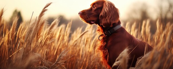 Closeup portrait of a purebred hunting dog breed wearing a brown leather collar outdoors in field...