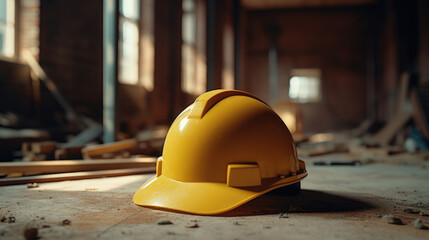 Yellow hard hat on construction site.