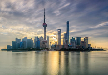 city skyline of shanghai city during sunrise