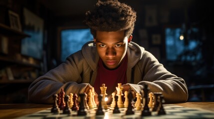 Young Man Playing Chess - obrazy, fototapety, plakaty