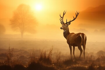 Red deer stag in the autumn forest. Noble deer male. Beautiful animal in the nature habitat. Wildlife scene from the wild nature landscape. Wallpaper, beautiful fall background