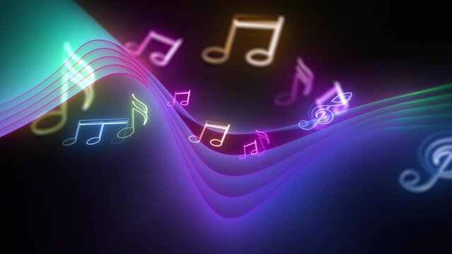 sheet music animation music on a black background with neon elements that glow on a dark background