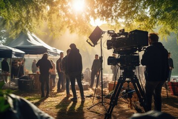 Behind the scenes of movie shooting or video production and film crew team with camera equipment at outdoor location on sunny day with flare lighting. - obrazy, fototapety, plakaty