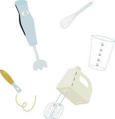 Electric appliances for food preparation (blender with blender bowl, mixer). Kitchen utensils (beater, paring knife). Vector images