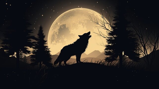 Wolf howls at the full moon, gloomy background. Created using generative artificial intelligence technology.