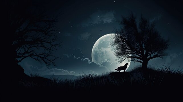 Wolf howls at the full moon, gloomy background. Created using generative artificial intelligence technology.