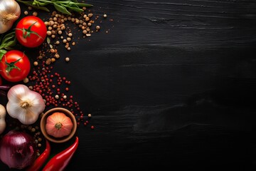 Ingredients for making tomato salsa on black wooden background. Traditional mexican sauce. Tomato, basil, spices, chili pepper, onion, garlic. Vegan diet food concept. Top view with copy space - obrazy, fototapety, plakaty