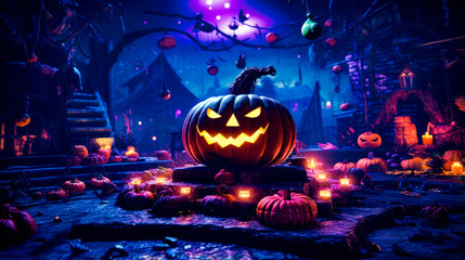 Obraz premium Pumpkin sitting on top of pile of pumpkins in dark room.