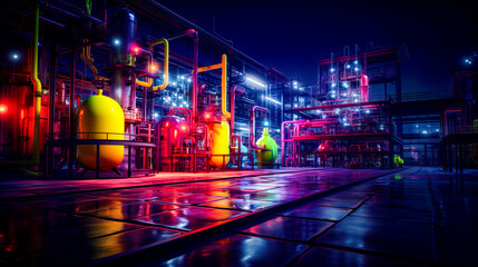Fototapeta premium Factory with lot of pipes and yellow and red lights on it.