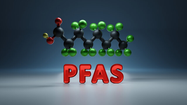 PFAS - Per- and poly-fluoroalkyl substances - 3D molecule conformer. 3D rendered illustration.