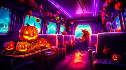 Train car filled with lots of pumpkins and jack - o'- lanterns.