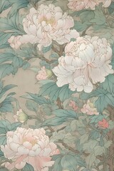 Japanese background with flower white peony on turquoise green background. Vintage oriental natural floral pattern. Luxury ornate pattern for creating textiles, wallpaper, poster