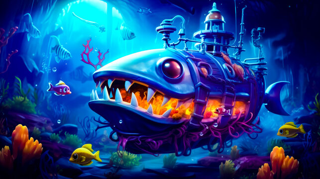 Underwater scene with submarine and fish in the water and submarine in the background.