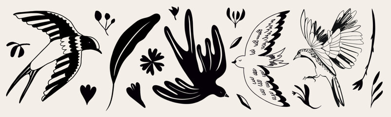 Collection of hand drawn birds. Ethno style. Fashionable vector template for your design. - 642561543