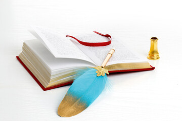 Shofar (horn), book and feather pen. Jewish holiday of Yom Kippur - day of fasting, repentance and...