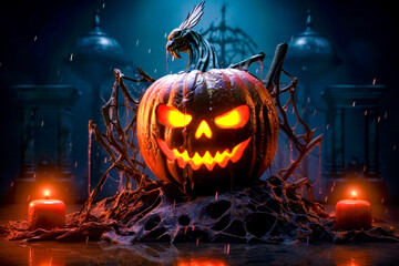 Fototapeta premium Halloween pumpkin with creepy face and dragon on top of it.