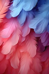 Beautiful multicolour feathers background in pastel colors. Closeup vertical image of colorful fluffy feather. Minimal abstract composition with place for text. Copy space