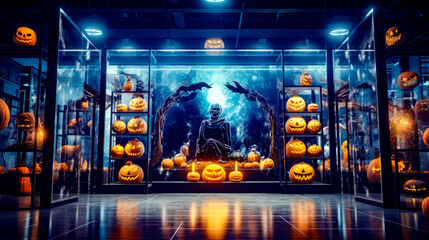 Display case filled with pumpkins and skeleton sitting on top of it.