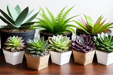 A large set of succulents in an eco-paper bag. Eco-friendly reusable eco-bag and succulents. Shop of indoor plants.