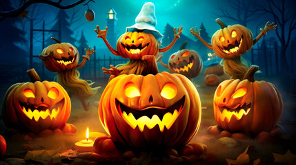 Group of jack o lantern pumpkins with jack o lanterns in the background.