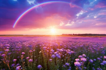 Beautiful panorama rural landscape with sunrise and blossoming meadow. purple flowers flowering on spring field.