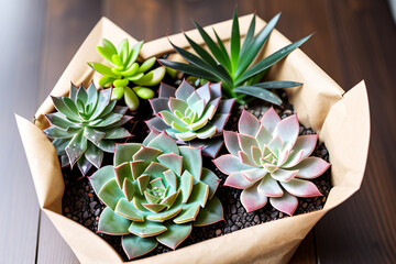 A large set of succulents in an eco-paper bag. Eco-friendly reusable eco-bag and succulents. Shop of indoor plants.