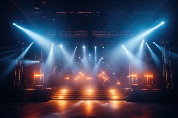 Concert stage with spotlights Beautiful and magnificent, with fog, spotlights, orange and blue colors.