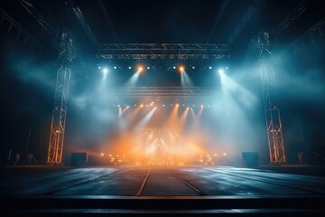 Concert stage with spotlights Beautiful and magnificent, with fog, spotlights, orange and blue colors.