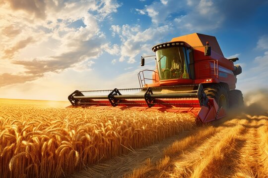 Combine harvest in the golden wheat field.