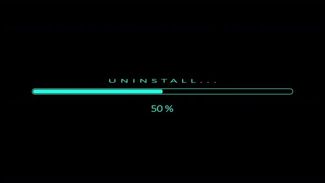 Uninstallinig progress bar isolated on black background. Status bar indicator from 0 to 100 increasing percentage