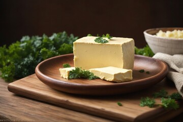 butter with parsley in a wooden plate, kitchen background