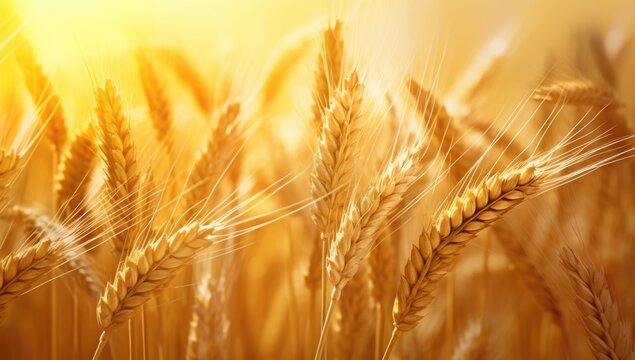 Ears of golden wheat over sunset sky. Close up beauty nature field background with sun flare. Ripening ears of meadow wheat field. Rich harvest.  Beautiful summer or autumn nature backdrop