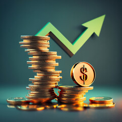 Stacked golden coins with growing green forex chart on dark backdrop. Stock market and trade concept. 3D Rendering	