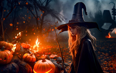 Woman dressed as witch in field of pumpkins at night.