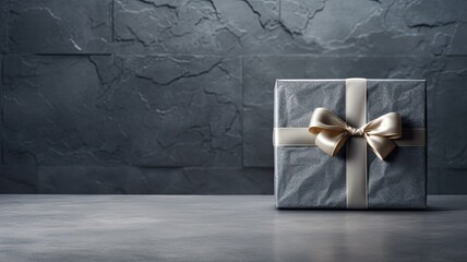 a meticulously crafted gift box placed on a dark background, adorned with a textured bow. The minimalist style exudes sophistication, leaving ample space for text to personalize the gesture.