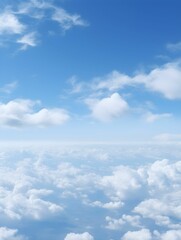 Naklejka premium Blue sky with white clouds, flying above the clouds, picture from plane, heaven, sunny day, fair weather, bright daylight, sky with few clouds, sky gradient, sky background, nature, 