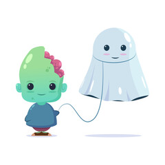 cute zombie with a ghost on a walk