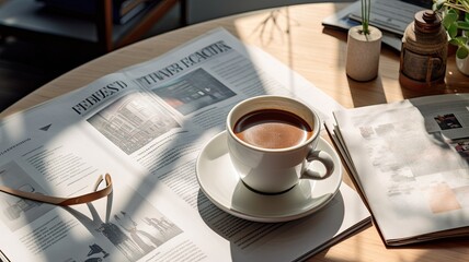 a cup of coffee resting on a table, accompanied by reading glasses, a pen on a newspaper, and an array of stationery. The scene's white interior exudes a serene ambiance.