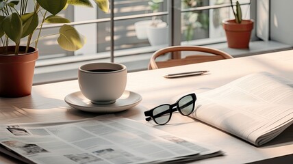 a cup of coffee resting on a table, accompanied by reading glasses, a pen on a newspaper, and an array of stationery. The scene's white interior exudes a serene ambiance.