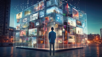 social networking services, streaming videos. The image signifies the intersection of digital content, community, and innovation.