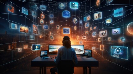 social networking services, streaming videos. The image signifies the intersection of digital content, community, and innovation.