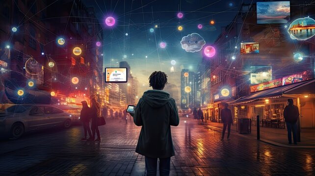 social networking services, streaming videos. The image signifies the intersection of digital content, community, and innovation.