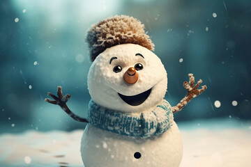 Funny smiling snowman in winter outdoor. - obrazy, fototapety, plakaty