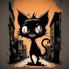 Scruffy Alley Cat: A Cartoon Feline with Artistic Edges for a Unique Shirt Design