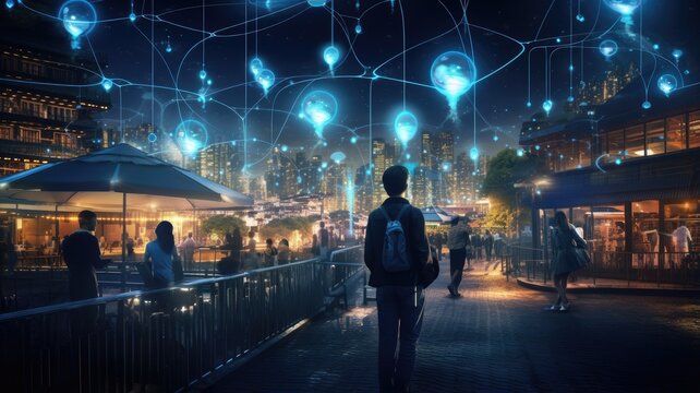 a smart city, where intelligent communication networks interconnect through a web of wireless technologies. The scene reflects the synergy between urban life and cutting-edge connectivity.