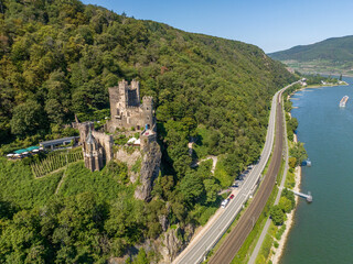 Germany Rheinstein Castle - Medieval castle on hilltop in Middle Rhine valley above town of...
