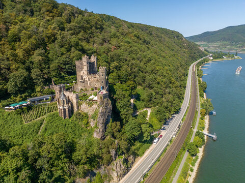 Germany Rheinstein Castle - Medieval castle on hilltop in Middle Rhine valley above town of Assmannshausen in Mainz-Bingen district in Rhineland-Palatinate, medieval fortification, ancient heritage