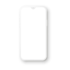 Realistic white mockup smartphone set with blank screen. 3d mobile phone models. Vector illustration