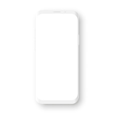 Realistic white mockup smartphone set with blank screen. 3d mobile phone models. Vector illustration